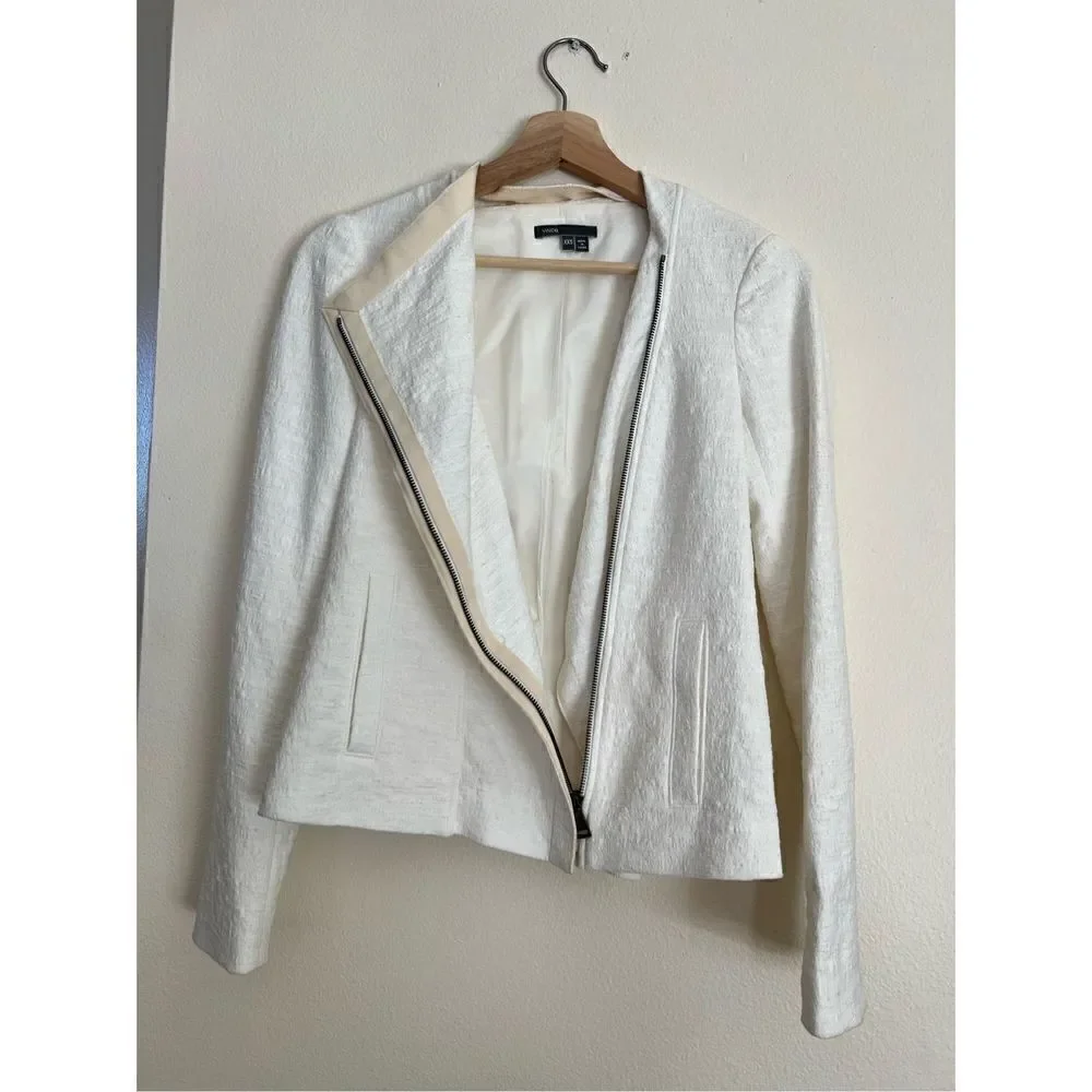 VINCE Cream TEXTURED ZIPPER FRISE asymmetrical JACKET $425 sz XXS